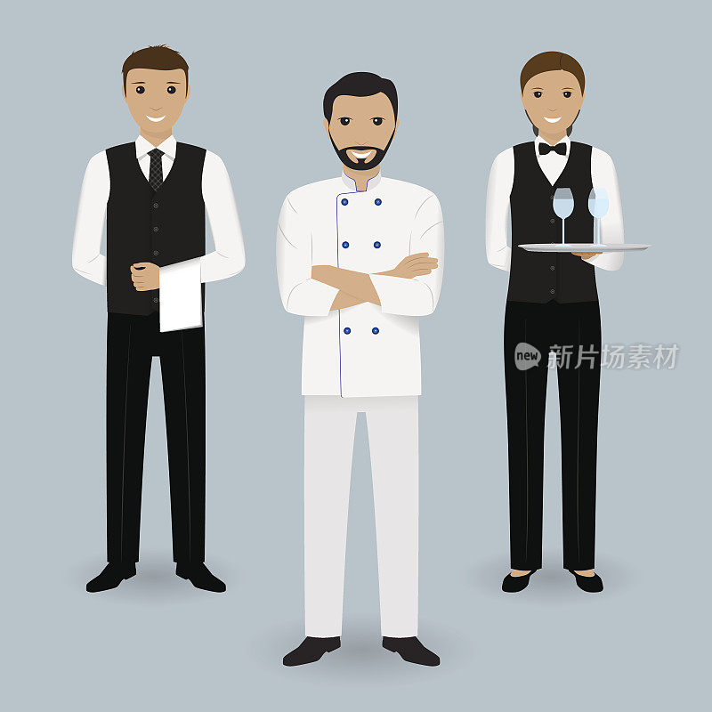 Chef cook and two waiters in uniform standing together. Restaurant people characters.